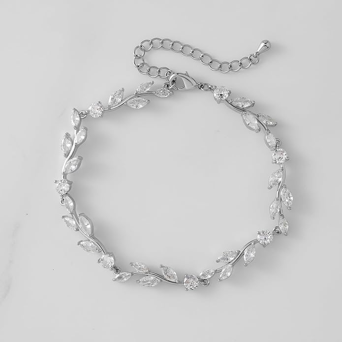 SWEETV Cubic Zirconia Wedding Bridal Bracelet for Brides,Bridesmaids, Silver Crystal Elegant Tennis Bracelet for Women Prom Jewelry Gifts