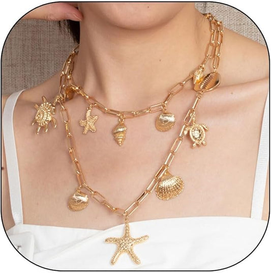 Choistily Charm Necklace Dainty Gold Western Outfit Beach Jewelry for Women Trendy Cowgirl Accessories for Women Gold Bow Sea Shell Pendant Necklace Preppy Stuff Summer Jewelry 2025