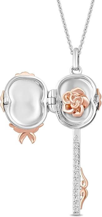Jewelili Enchanted Disney Fine Jewelry Belle Key Pendant Necklace for Women | 14K Rose Gold over Sterling Silver | 1/10 CTTW Natural White Round Diamond | 18" Cable Chain | Princess Gifts for Her