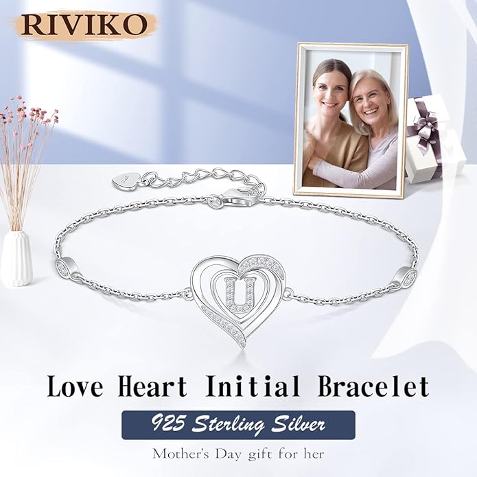 RIVIKO Heart Initial Bracelets for Women,925 Sterling Silver Letter Bracelets, Personalized Charm Alphabet Jewelry Valentines Christmas Mother’s Day Birthday Gifts for Women Friend Her Mom Wife Lady