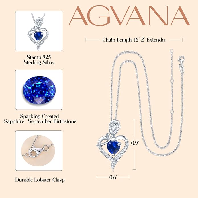 AGVANA Rosy Reverie Birthstone Necklace for Women Sterling Silver Genuine or Created Gemstone Rose Flower Heart Pendant Necklace Anniversary Birthday Gifts for Women Mom Wife Her