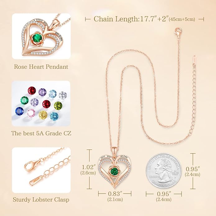 CDE S925 Silver Rose Gold Heart Birthstone Necklaces for Women，Ideal Anniversary or Birthday Jewelry Gifts for Wife Girlfriend Her
