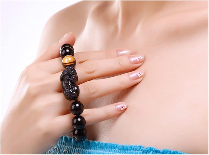 Black Obsidian Bracelet,Feng Shui Black Obsidian Wealth Bracelet for Women Men Stretch Obsidian Bracelet Bangle with Pixiu Tiger Eye Stone Attract Wealth Money and Good Luck