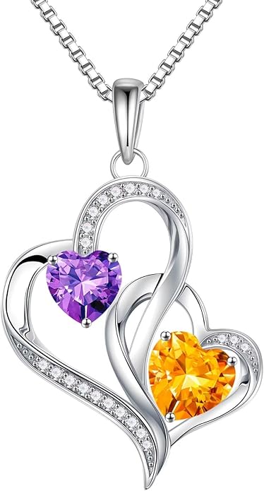Iefil Birthstone Necklace for Women - 925 Sterling Silver Double Birthstone Heart Necklace | Anniversary Birthday Gifts for Women | Personalized Gifts | Jewelry Gifts for Wife Mom Girlfriend