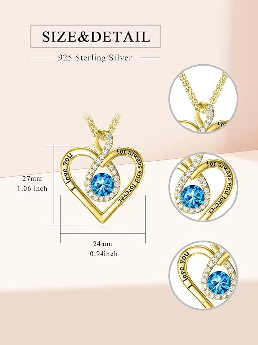 I Love You For Always and Forever Birthstone Necklace Infinity Love Heart Pendant Jewelry Christmas Valentine Mothers Day Birthday Gifts for Women Her Wife Girlfriend