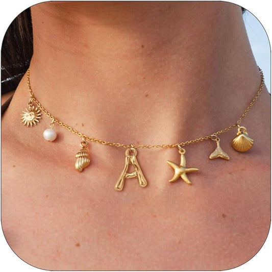Initial Charm Necklace For Women Shell Letter Necklaces Gold Charms Pendant Boho Summer Seashell Beach 14k Starfish Surfer Jewelry Gifts