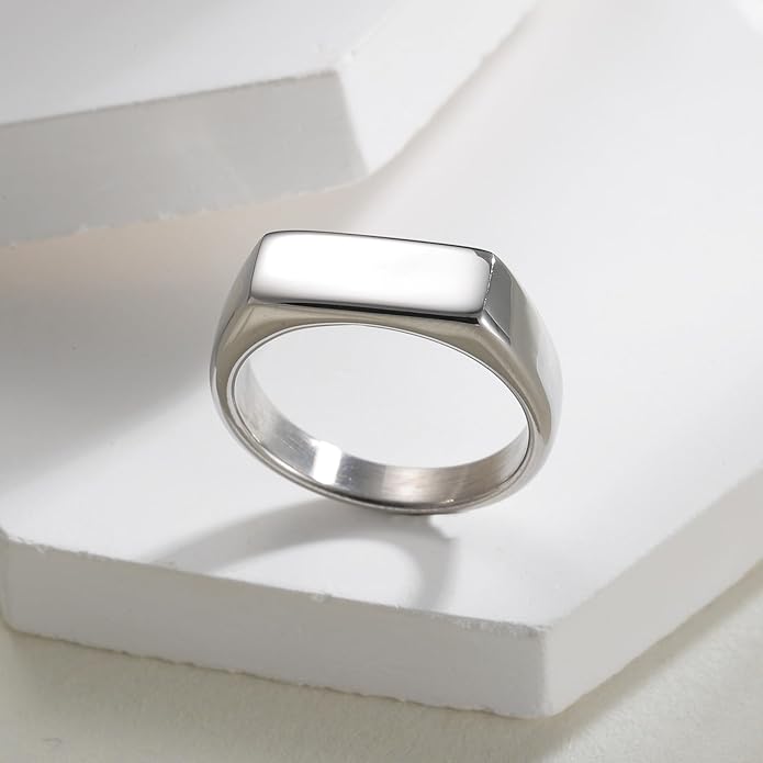 Mens Signet Rings Stainless Steel Pinky Ring for Men Women Silver/Black/Gold Square Cool Finger Ring, Gift for Dad Husband