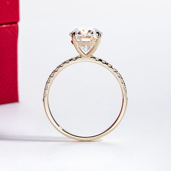 14K Solid Gold Side Stones Ring, Round/Princess Cut Centerpiece Moissanite Lab Grown Created Diamond, D Color and Flawless Real Gold Wedding Anniversary Ring