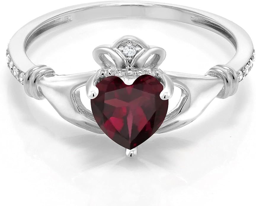 Gem Stone King 10K White Gold 6MM Heart Shape Gemstone Birthstone and White Diamond Irish Celtic Claddagh Engagement Ring | Gold Ring For Women | Available In Size 5, 6, 7, 8, 9