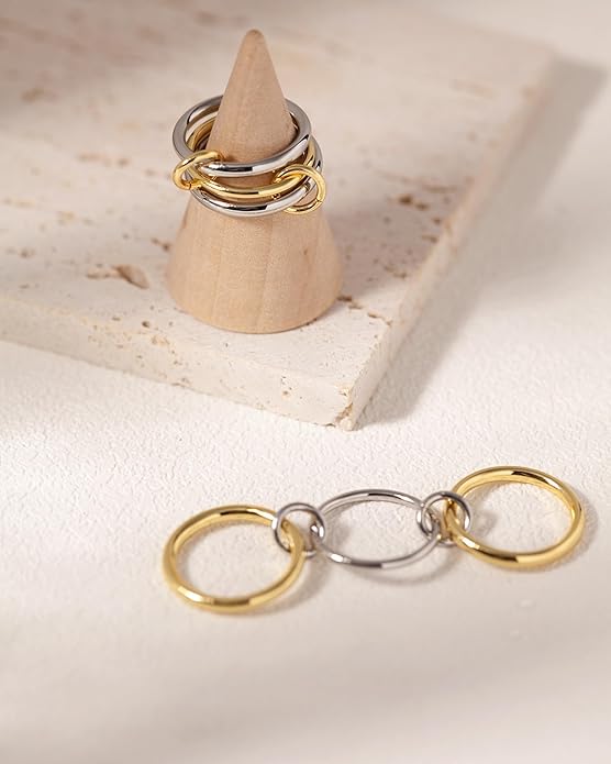 TLY Stackable Gold Rings for Women Non Tarnish 18K Gold Plated Interlocking Ring Stack Set Gold Silver Mixed Metal Statement Rings Dainty Cubic Zirconia CZ Fashion Connected Band Thumb Ring Size 4-11 Jewelry Gift for Women