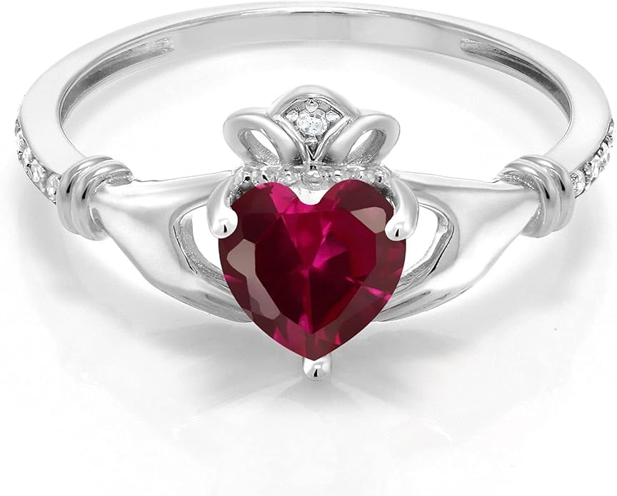 Gem Stone King 10K White Gold 6MM Heart Shape Gemstone Birthstone and White Diamond Irish Celtic Claddagh Engagement Ring | Gold Ring For Women | Available In Size 5, 6, 7, 8, 9