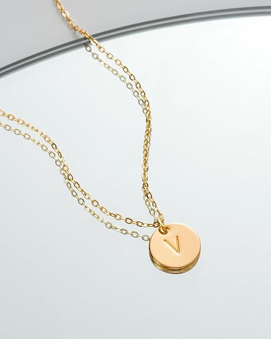Bemoly Initial Necklace for Women Round 11MM Coin Disc Double Side Engraved Letter A-Z Hammered Pendant 14K Gold Plated Personalized Alphabet Birthday Jewelry 17.5"