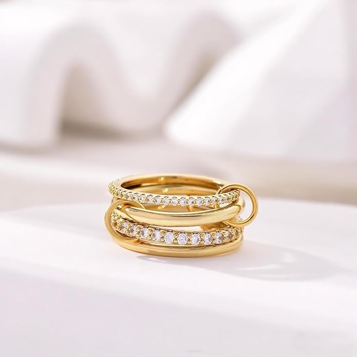 14K Gold Plated Interlocked Stackable Rings for Women Non Tarnish,Gold and Silver Cubic Zirconia Statement Rings Set,Mixed Metals Ring Two-Toned Connected Bands Stacking Jewelry