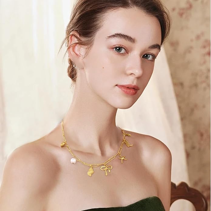 Gold Plated Paperclip Chain Beach Charm Necklace for Women Cute Shell Bow Dainty Beachy Starfish Pearl Seashell Strawberry Fruit Heart Mermaid Summer Jewelry Gift