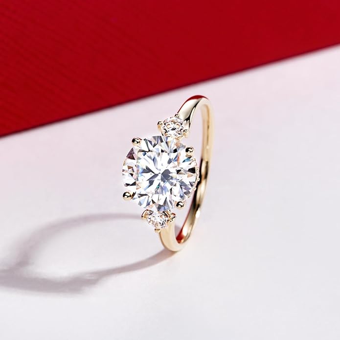 Solid 14K Gold 3.36ct Moissanite Three Stone Rings (3ct Center Stone), Round/Oval/Emerald Shape, Real Gold | D Color and Flawless Moissanite | Wedding Anniversary Ring