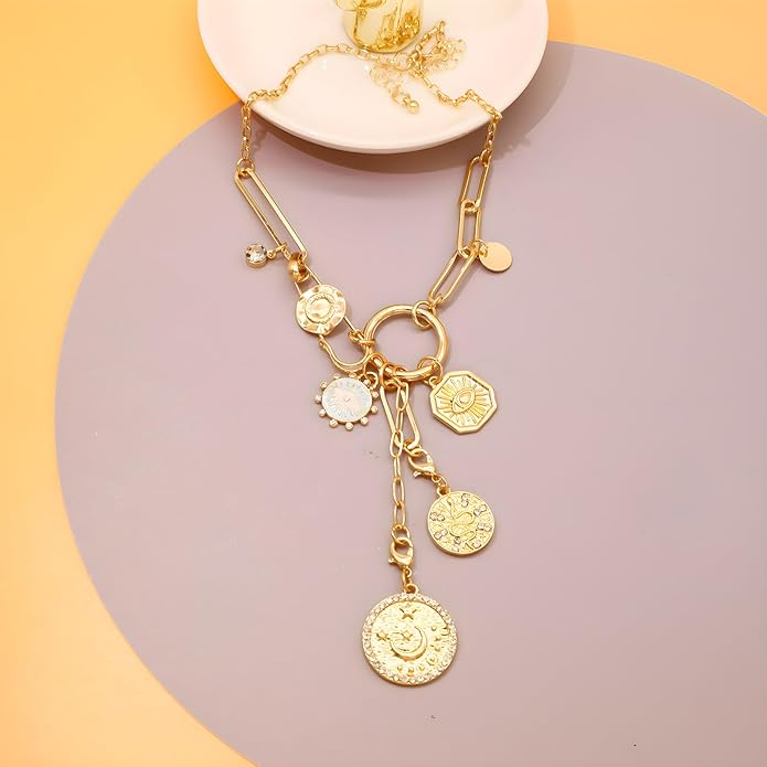 Chunky Retro Heart Necklace for Women Antique Layer Beach Ocean Moon Stars Western Boho Charm Necklaces Retro Link Chain Jewelry