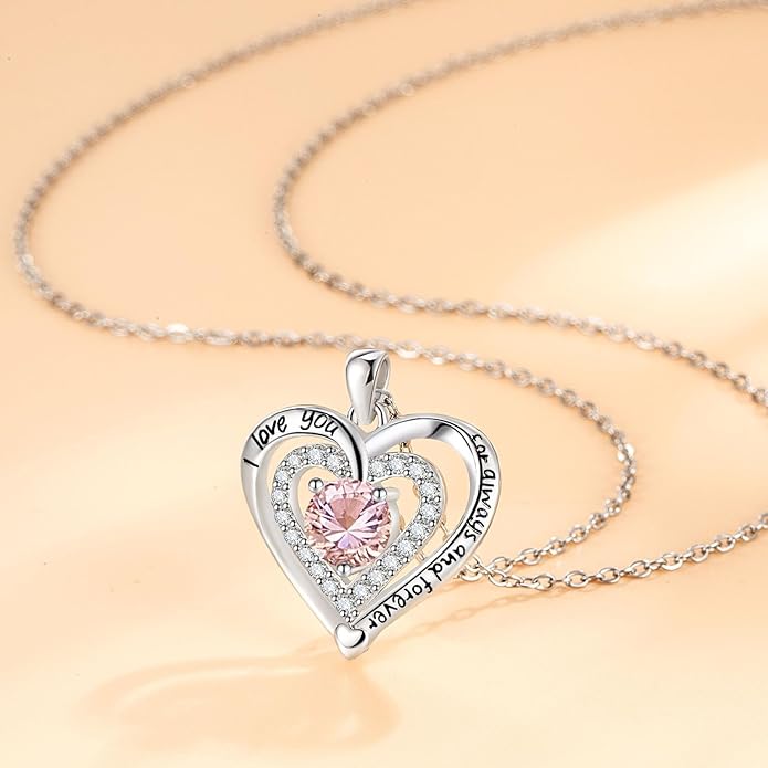Heart Necklace, I Love You Always & Forever, Birthstone Cubic Zirconia Pendant, Gift for Women