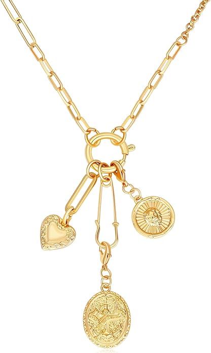 Charm Necklace for Women Gold Evil Eye Sun Moon Flower Coin Pendant Necklace Dainty Paperclip Chain Vintage Luck Amulet Choker Necklaces Celestial Jewelry Gift