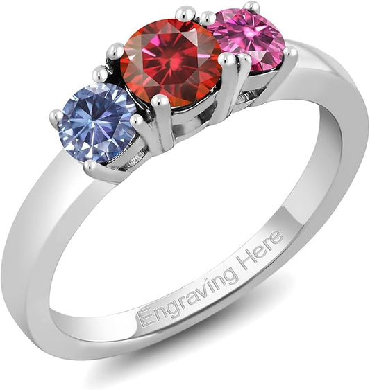 Gem Stone King 925 Sterling Silver Customized and Personalized 3 Gemstone Birthstone Name Engraved Ring For Women | Round 5MM and 4MM | Available In Size 5, 6, 7, 8, 9