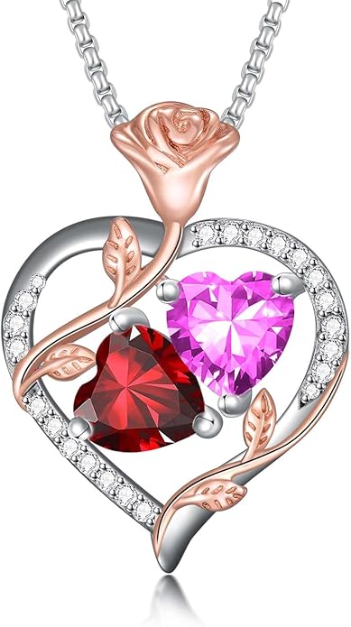 Jewelry for Her Double Heart Rose Birthstone Pendant Necklace Anniversary Jewelry Christmas Birthday Gifts for Women Wife Girlfriend