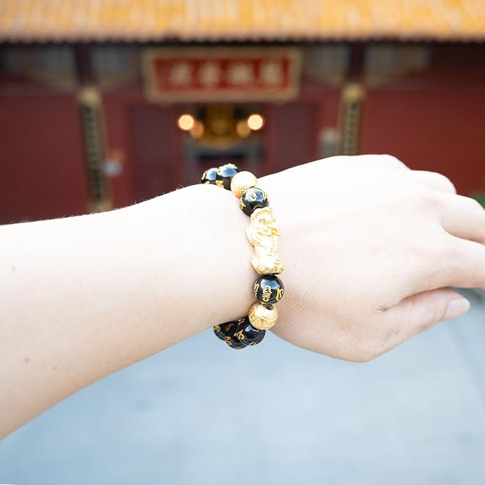 Feng Shui Bracelet 24K Gold Plated PiXiu, Colored Eyes Obsidian Dragon Protection Bracelet Meditation Decompression Prayer Beads Lucky Wealth Bracelets for Men Women(12mm)