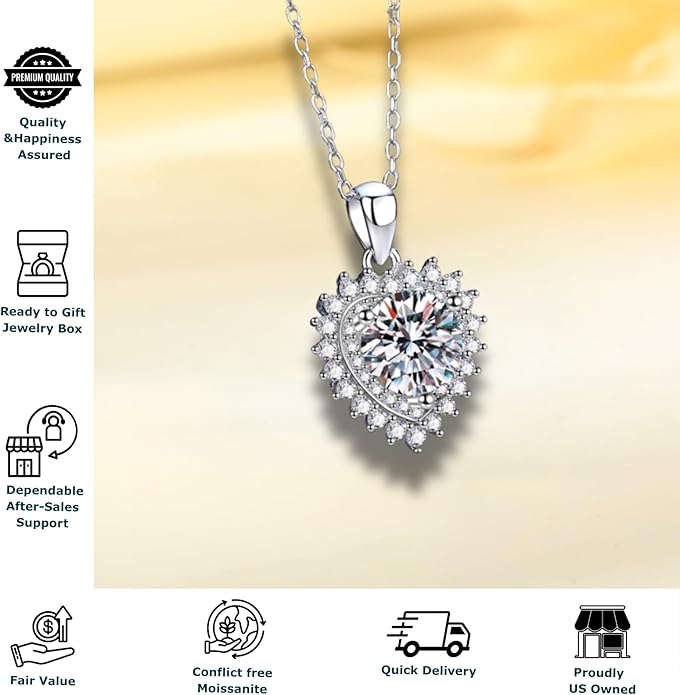 Moissanite Heart Necklace for Women – Shiny Pendant of Love with 925 Sterling Silver Chain, 1-2 Carat Moissanite, Adjustable 18-20 Inch, Romantic Anniversary Jewelry