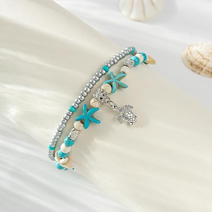 Starain Blue Turtle Anklets for Women Multilayer Beads Handmade Beach Ankle Bracelet Set Boho Foot Jewelry