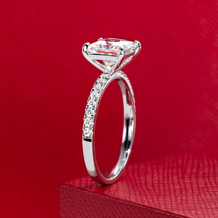 14K Solid Gold Side Stones Ring, Round/Princess Cut Centerpiece Moissanite Lab Grown Created Diamond, D Color and Flawless Real Gold Wedding Anniversary Ring