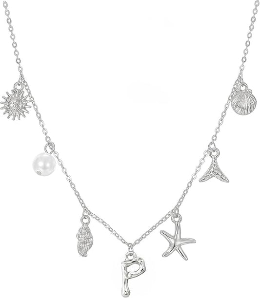 Initial Charm Necklace For Women Shell Letter Necklaces Gold Charms Pendant Boho Summer Seashell Beach 14k Starfish Surfer Jewelry Gifts