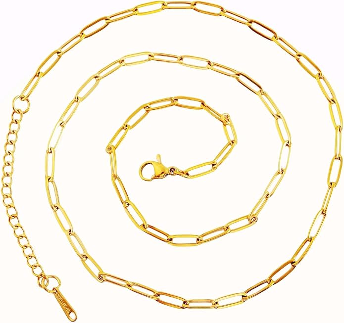 Gold Paperclip Chain Necklace for Women 10pcs 18inch 3X9mm Gold Chains for jewelry Making Stainless Steel Filled 18K Gold Plated Chains Bulk Adjustable Link Chains