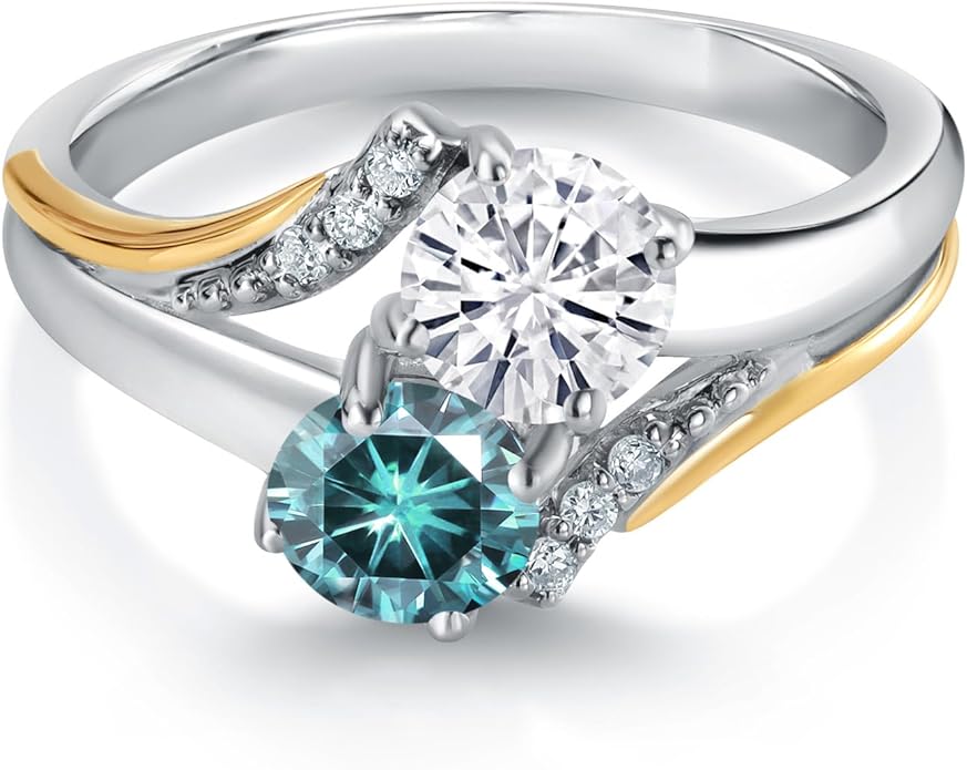 Gem Stone King 925 Silver and 10K Yellow Gold Customized and Personalized Engraved 5MM Round 2 Stone Gemstone Birthstone and White Lab Grown Diamond Accent Engagement Ring