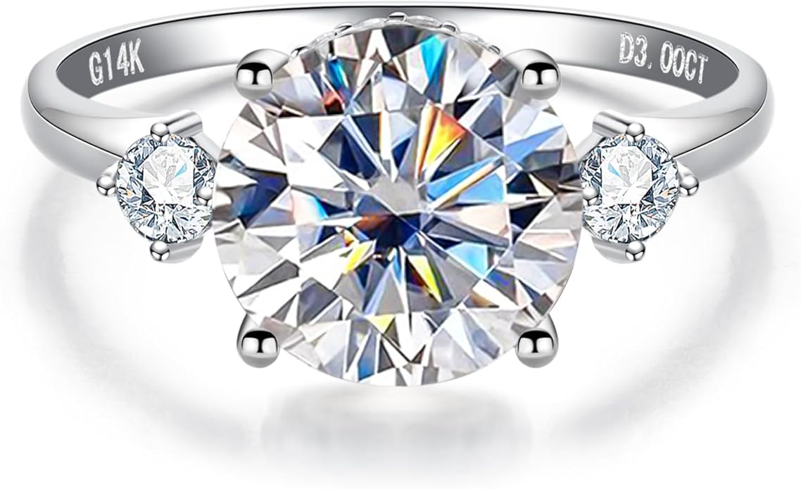 Solid 14K Gold 3.36ct Moissanite Three Stone Rings (3ct Center Stone), Round/Oval/Emerald Shape, Real Gold | D Color and Flawless Moissanite | Wedding Anniversary Ring