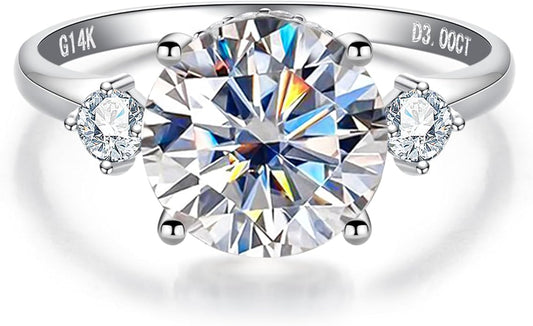 Solid 14K Gold 3.36ct Moissanite Three Stone Rings (3ct Center Stone), Round/Oval/Emerald Shape, Real Gold | D Color and Flawless Moissanite | Wedding Anniversary Ring