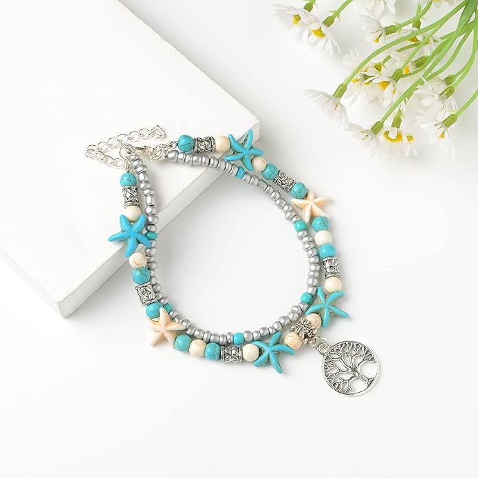 Starain Blue Turtle Anklets for Women Multilayer Beads Handmade Beach Ankle Bracelet Set Boho Foot Jewelry