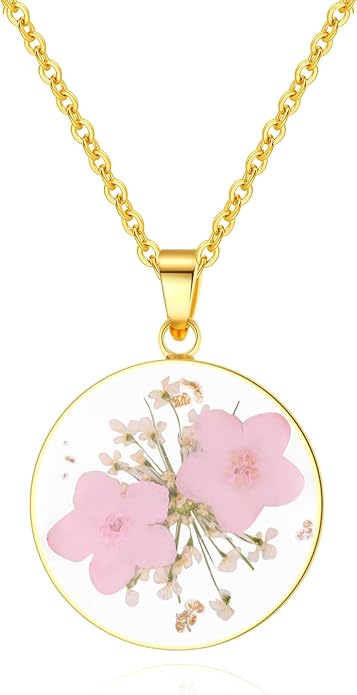 Forget-Me-Not and Queen Anne's Lace Pressed Wildflower Necklace | Birth Month Real Flower Necklace | Gold/Silver Pressed Flower Jewelry | Personalized Handmade Jewelry