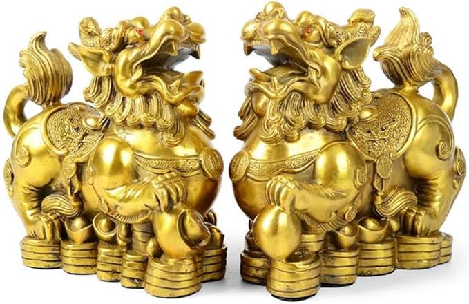 Feng Shui pixiu Brass Decor Statue A Pair Chinese Home Decoration pi yao Wealth Sculpture Attract Money and Good Luck Figurine Golden（5.51" L x 2.75" W x 4.3" H ）