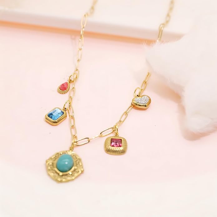 Chunky Retro Heart Necklace for Women Antique Layer Beach Ocean Moon Stars Western Boho Charm Necklaces Retro Link Chain Jewelry