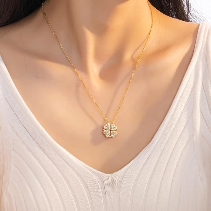 18K Gold Stainless Steel Gold Plated Necklace with Clove Hearts Charm - Can Be Worn Two Ways (Elegant A)
