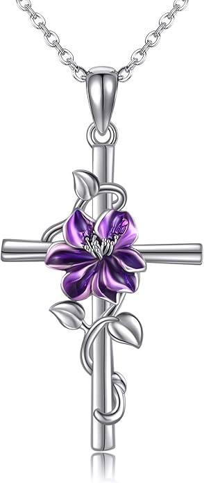 Flower Cross Necklace 925 Sterling Silver Carnation/Rose/Lily/Daisy Cross Necklace Birth Flower Jewelry for Women