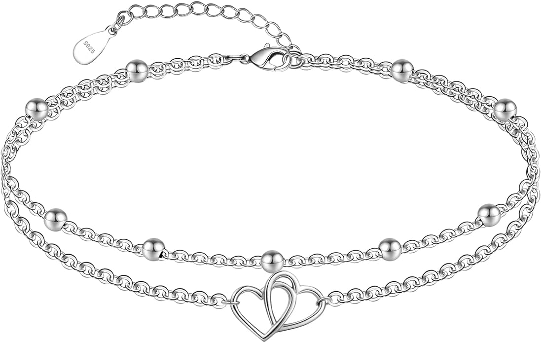 CHIC & ARTSY Womens Sterling Silver Created Opal Layered Anklet Bracelet Dainty Beaded Chain Adjustable 11" Best Friend Anklet