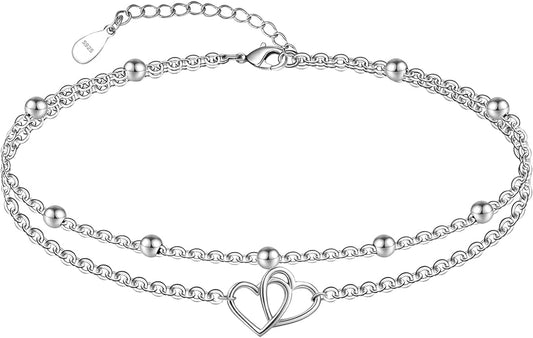 CHIC & ARTSY Womens Sterling Silver Created Opal Layered Anklet Bracelet Dainty Beaded Chain Adjustable 11" Best Friend Anklet