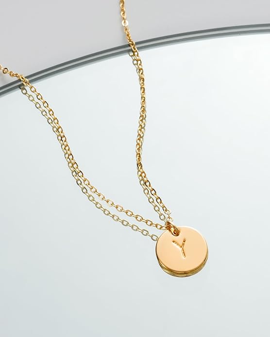 Bemoly Initial Necklace for Women Round 11MM Coin Disc Double Side Engraved Letter A-Z Hammered Pendant 14K Gold Plated Personalized Alphabet Birthday Jewelry 17.5"