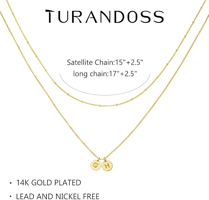 Turandoss Gold Initial Necklaces for Women - Dainty 14K Gold Plated Layered Two Letter A-Z Stack Disc Initial Necklace Trendy, Birthday Personalized Gifts for Women Teen Girls Jewelry