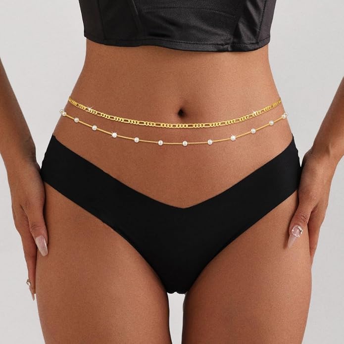 BERISO 14K Gold Plated Body Chain for Women - Sexy Waist Beads Chain, Adjustable Beach Body Jewelry, Elegant Bikini Belly Chain, Boho Festival Layered Body Jewelry (26.5-33 Inch)