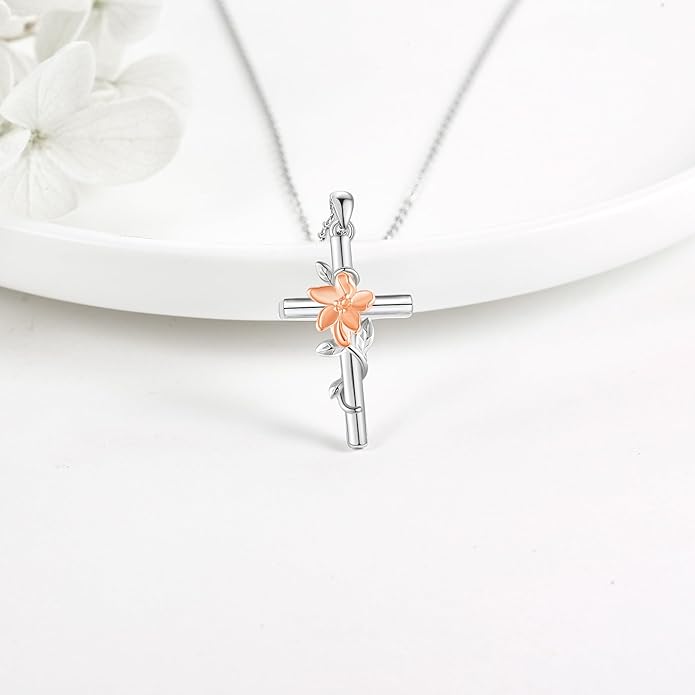 Flower Cross Necklace 925 Sterling Silver Carnation/Rose/Lily/Daisy Cross Necklace Birth Flower Jewelry for Women