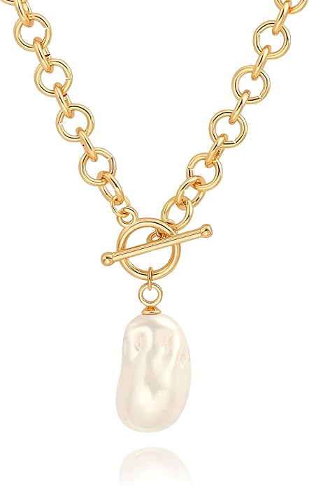 18k Gold Chain Link Necklace for Women, Baroque Pearl/Compass Pendant Necklace