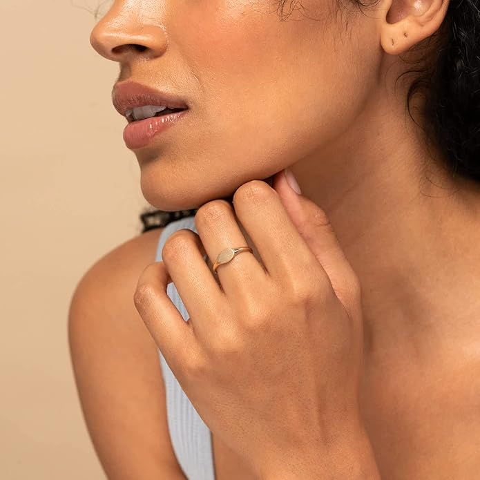 Kainier 14K Gold Plated Signet Rings Stackable Plain Slim Oval-shaped Thin Pinky Band for Women - 1.5mm Classic Dainty Cute Stacking Ring with Comfort Fit - Sizes 5-10