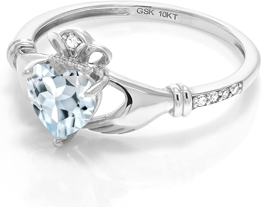 Gem Stone King 10K White Gold 6MM Heart Shape Gemstone Birthstone and White Diamond Irish Celtic Claddagh Engagement Ring | Gold Ring For Women | Available In Size 5, 6, 7, 8, 9