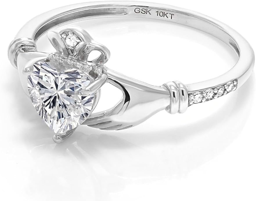 Gem Stone King 10K White Gold 6MM Heart Shape Gemstone Birthstone and White Diamond Irish Celtic Claddagh Engagement Ring | Gold Ring For Women | Available In Size 5, 6, 7, 8, 9