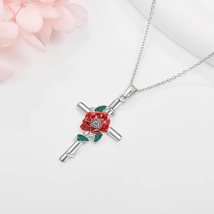 Flower Cross Necklace 925 Sterling Silver Carnation/Rose/Lily/Daisy Cross Necklace Birth Flower Jewelry for Women